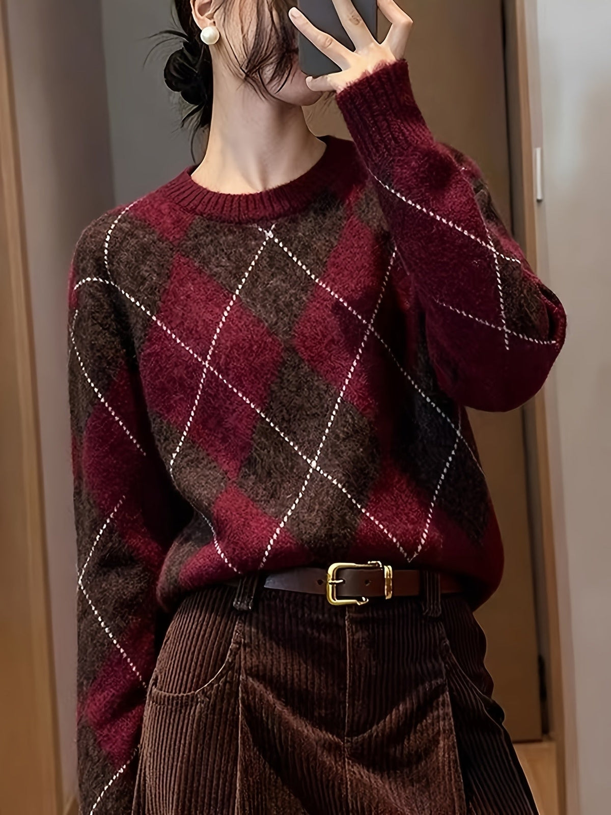 Cassidy | Diamond Argyle Round Neck Sweater Image