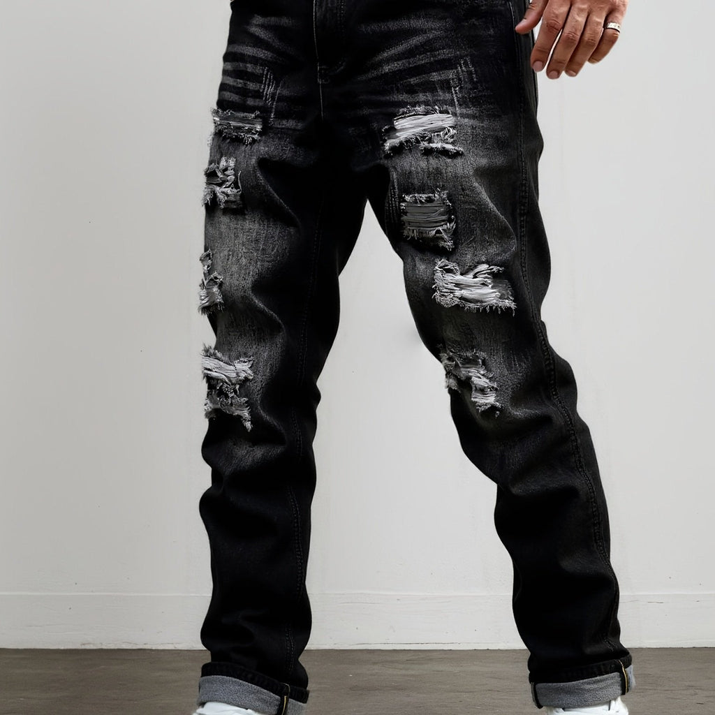 Men's Ripped Straight Leg Jeans, Washed Dark Gray