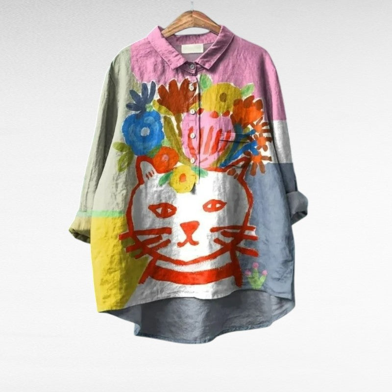 Patrice | Stylish Cat Art Floral Blouse Image