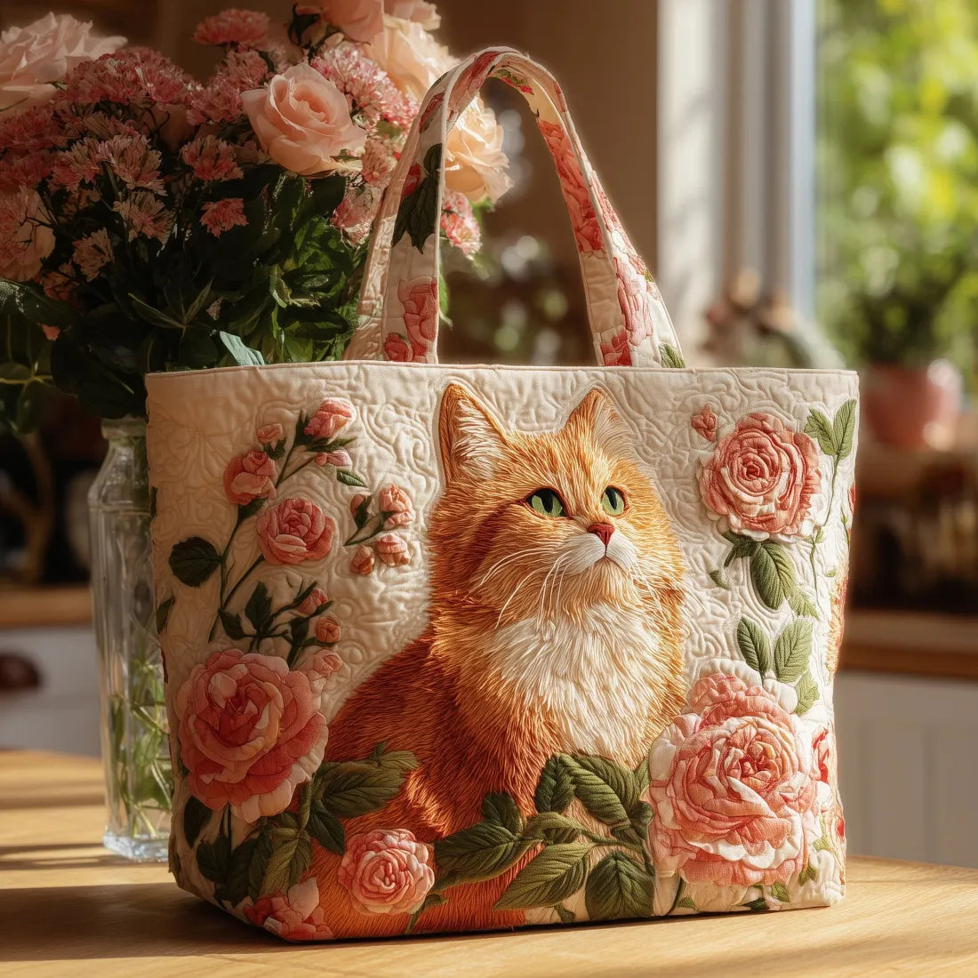 Rachel | Multicolor Rose Cat Art Tote Bag Image