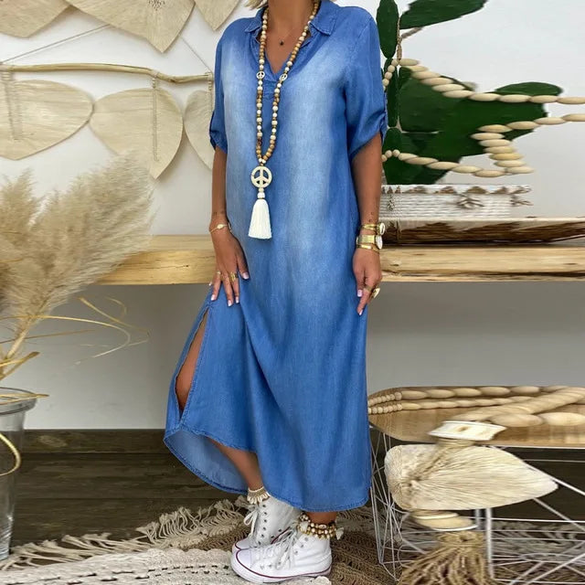 Alliah | Elegant Mid Sleeve V-Neck Plain Dress Image