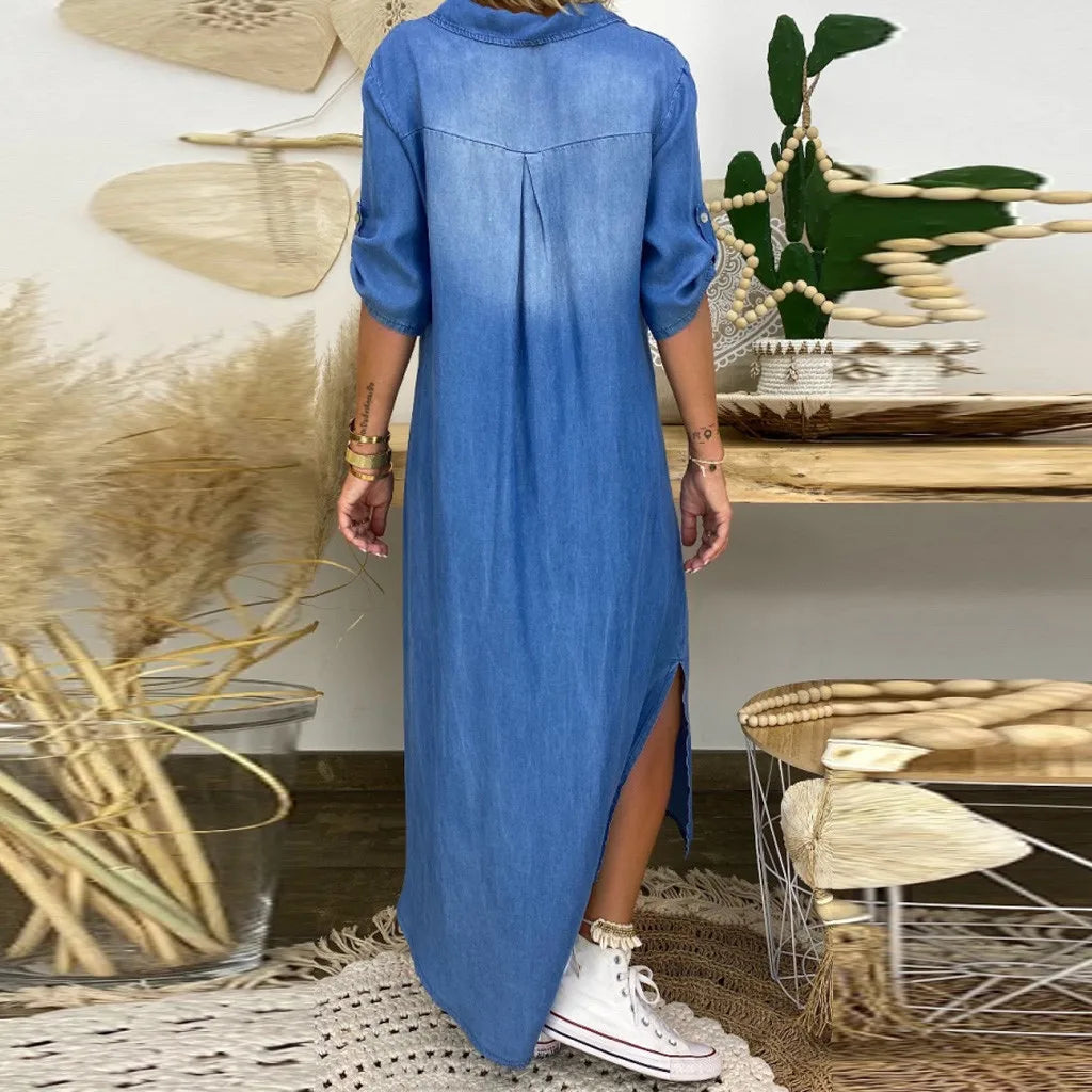 Alliah | Elegant Mid Sleeve V-Neck Plain Dress Image