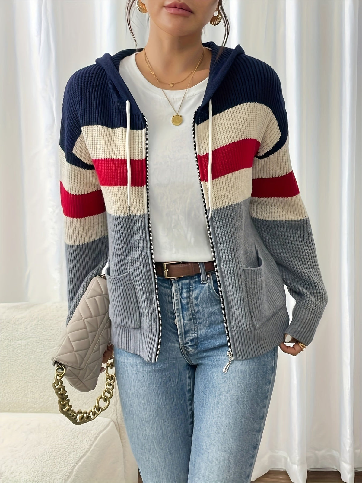 Susannah | Colour-Block Hooded Zip Cardigan Image