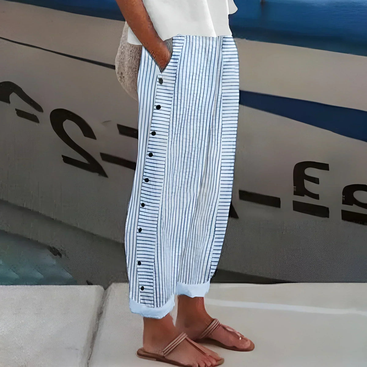 Kendall | Lightweight Stripe Buttoned Trousers Image