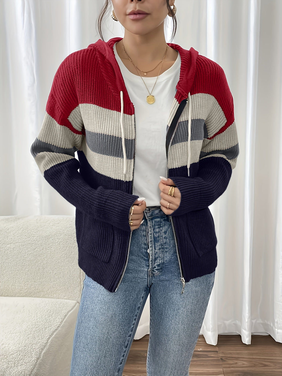 Susannah | Colour-Block Hooded Zip Cardigan