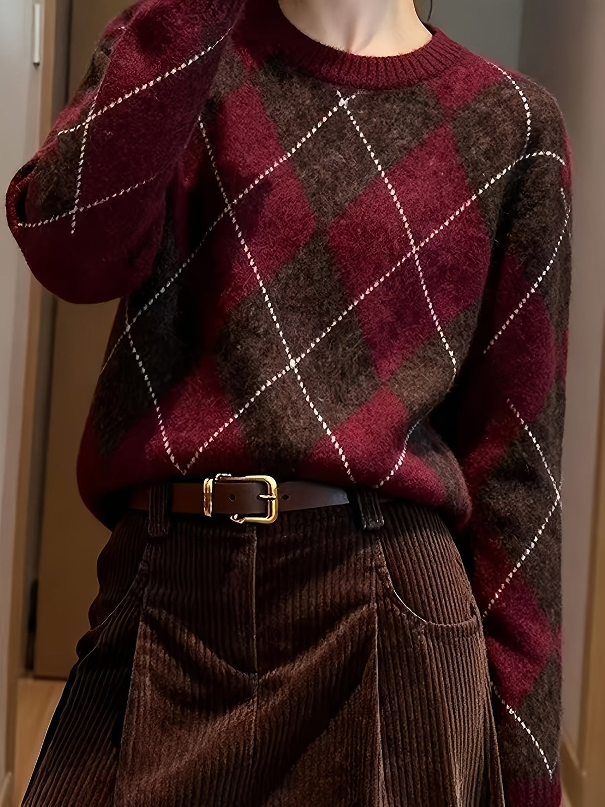 Cassidy | Diamond Argyle Round Neck Sweater Image