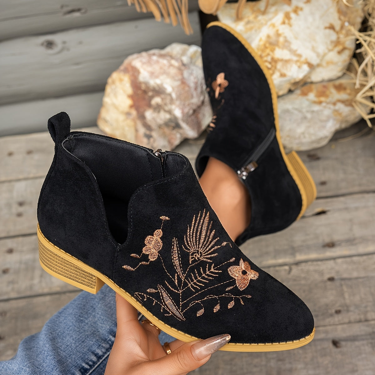 Isadora | Embroidered Low-Heel Ankle Boots Image