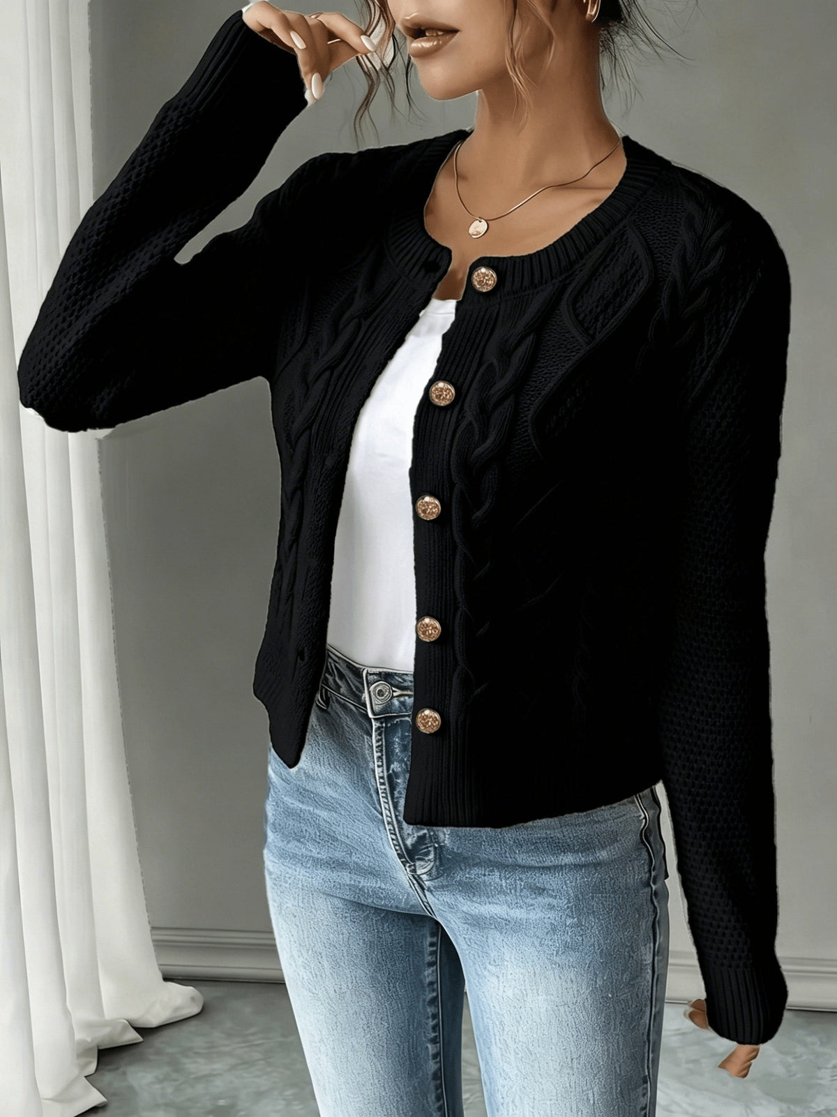 Eleanora | Cable-Knit Button-Front Cardigan Image