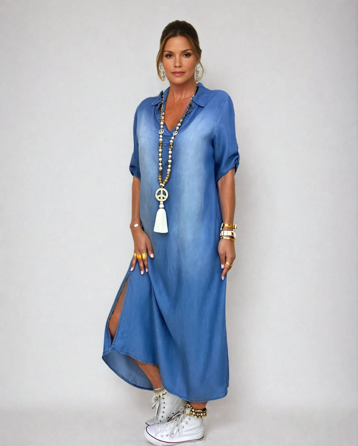 Alliah | Elegant Mid Sleeve V-Neck Plain Dress Image