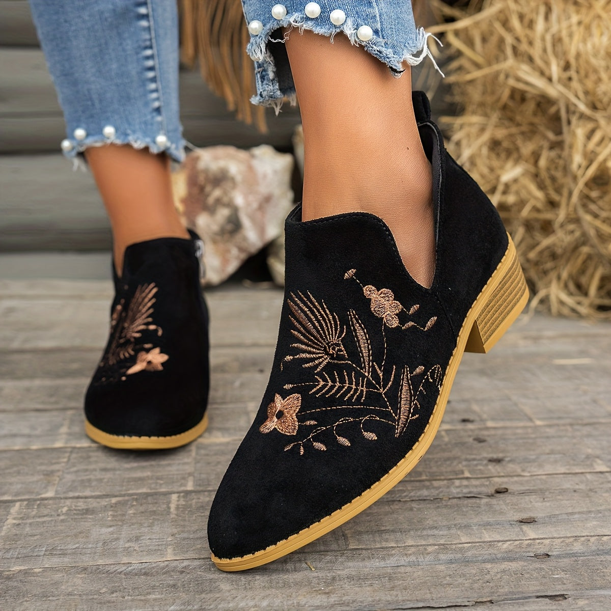 Isadora | Embroidered Low-Heel Ankle Boots Image