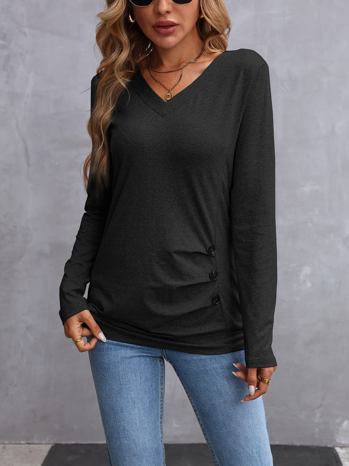 Kathryn | Side-Button V-Neck Long Sleeve Top Image
