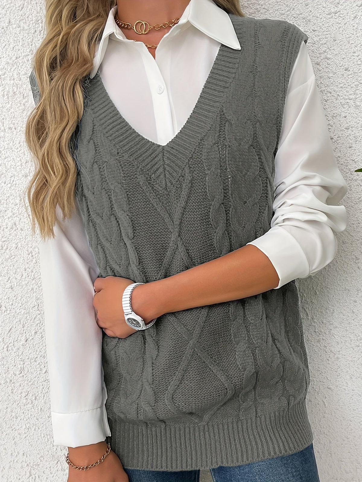 Cora | Cozy Cable-Knit V-Neck Sweater Vest Image