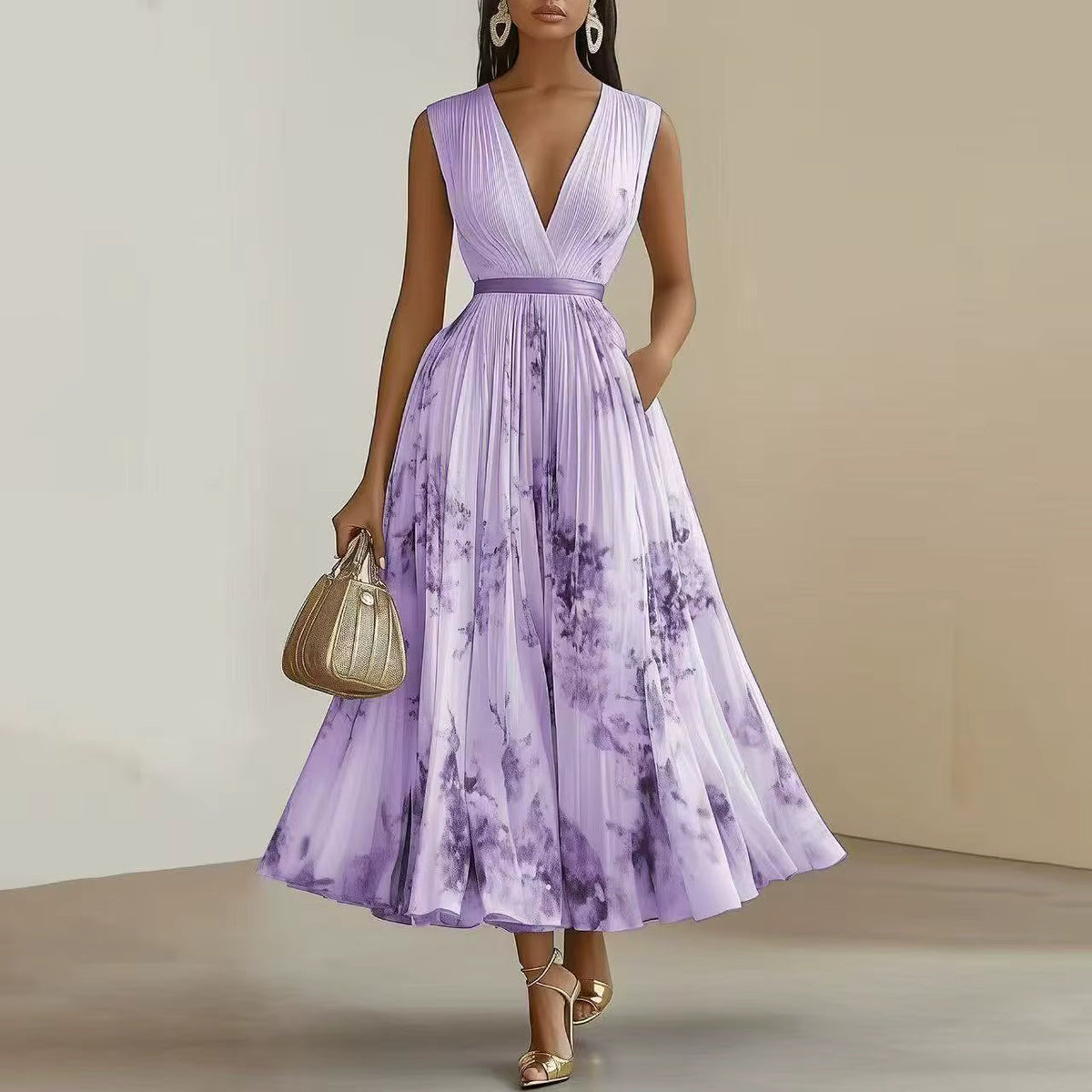 Alexia | Elegant Pleated Maxi V-Neck Dress Image