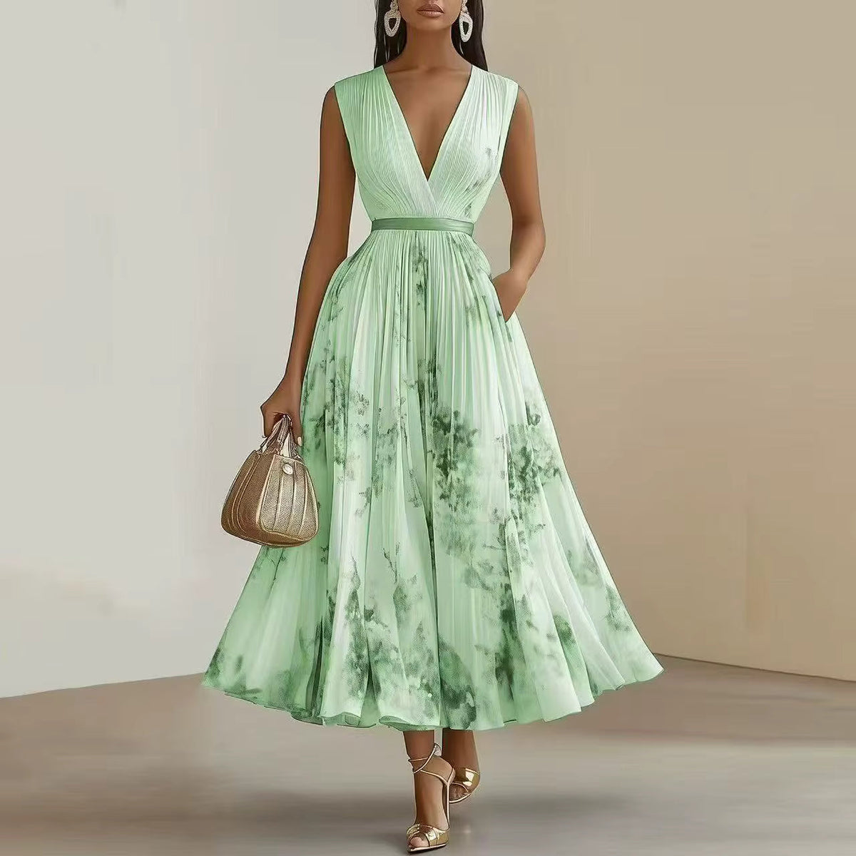 Alexia | Elegant Pleated Maxi V-Neck Dress Image