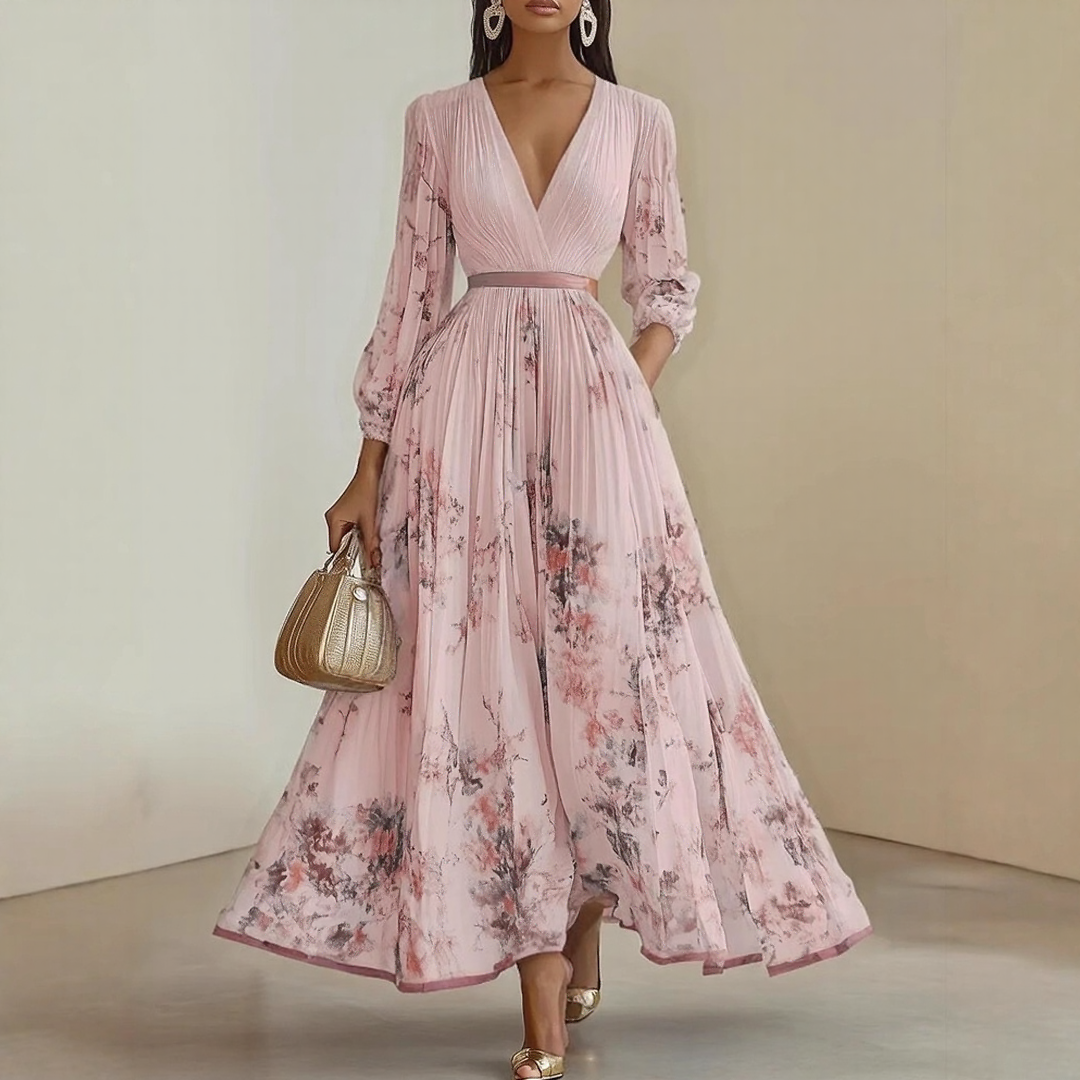 Alexia | Elegant Pleated Maxi V-Neck Dress Image