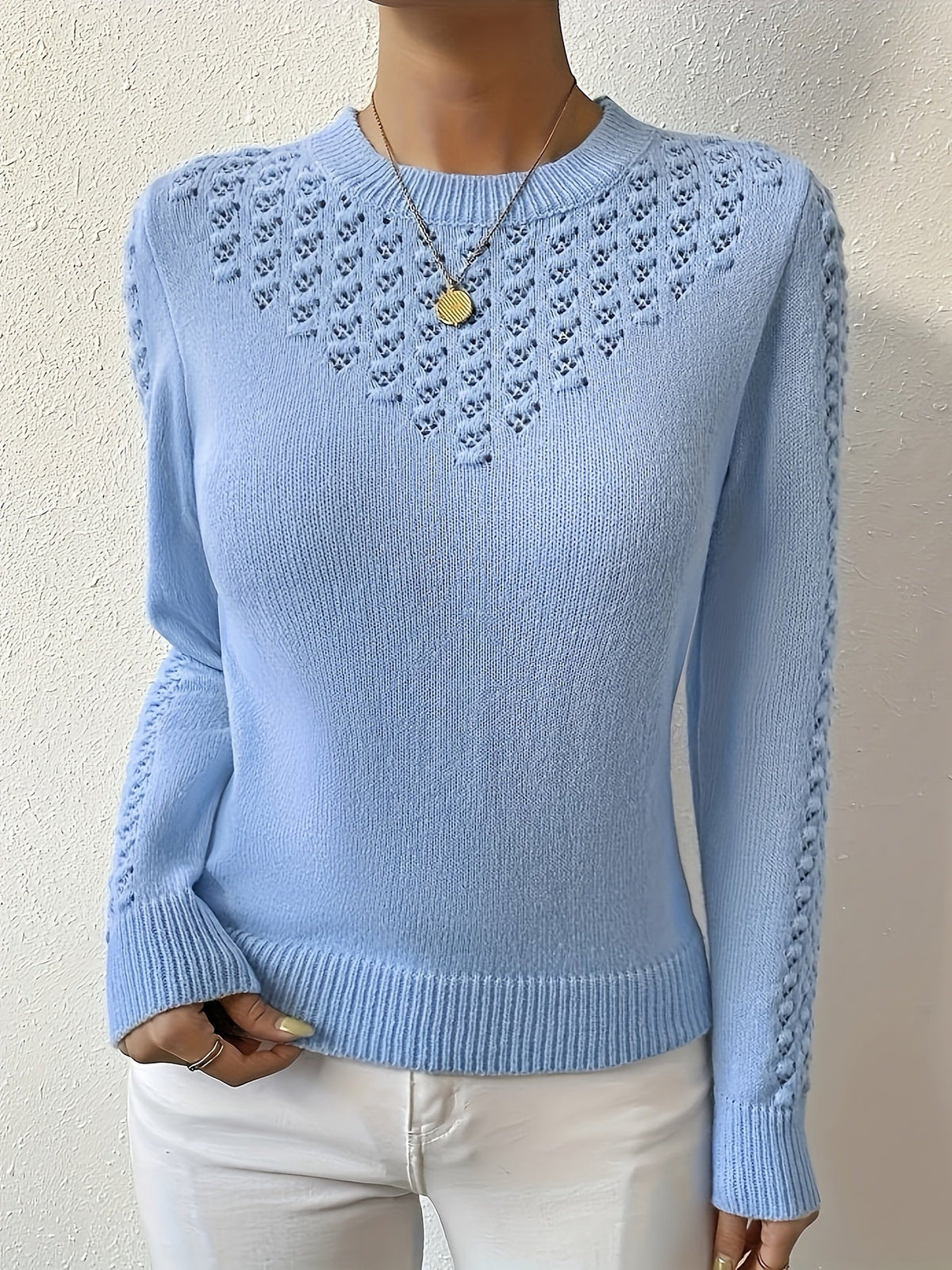 Aveline | Pointelle-Knit Round Neck Sweater Image