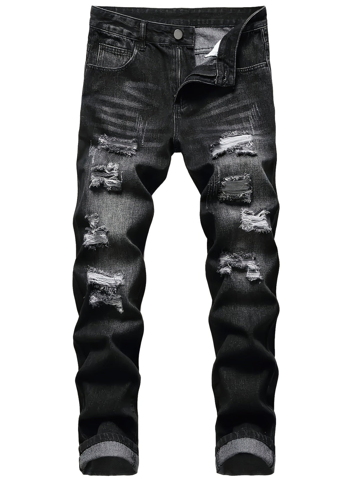 Men's Ripped Straight Leg Jeans, Washed Dark Gray Image