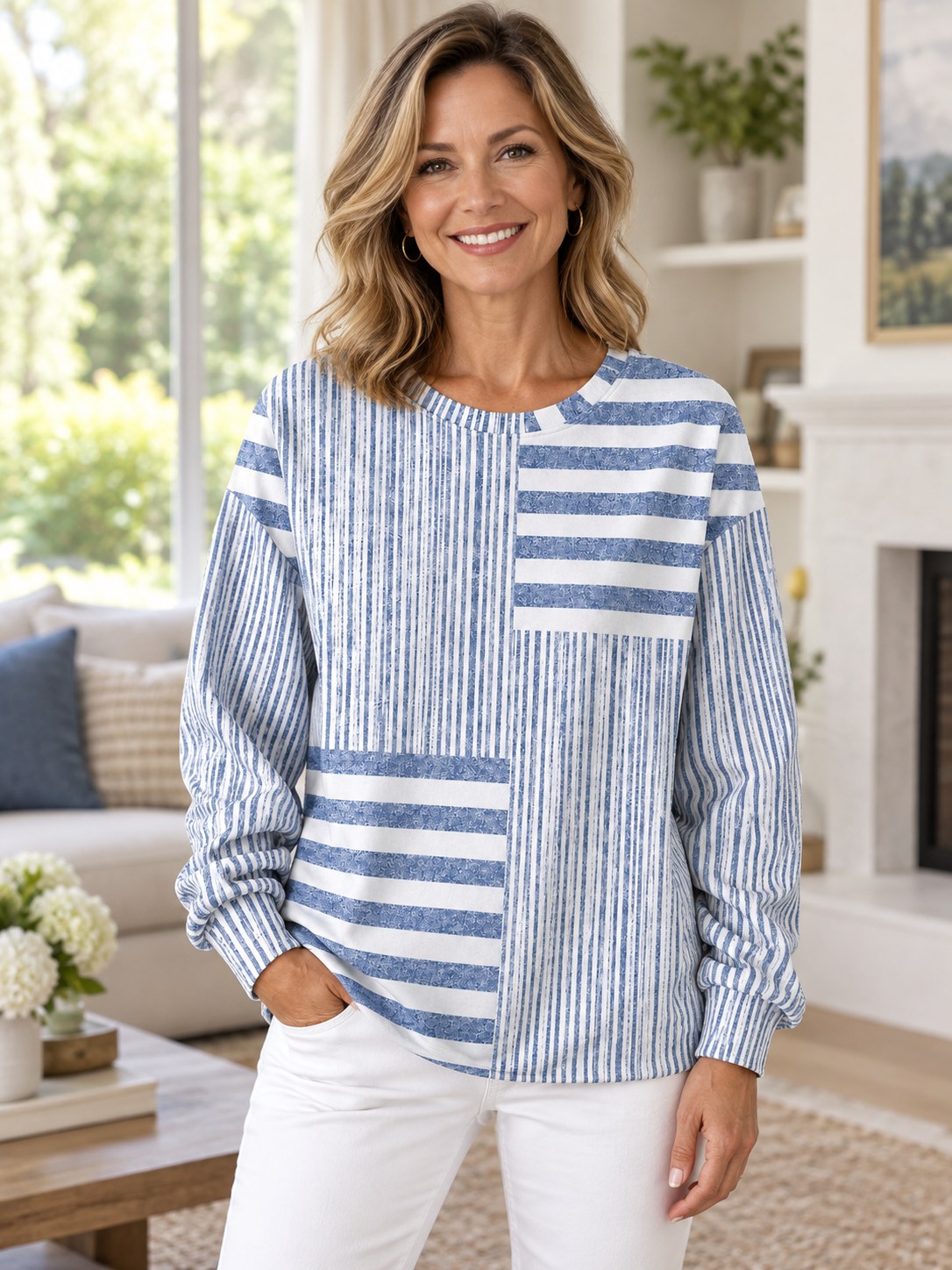 Adelaide | Striped Colorblock Crew Neck Sweatshirt