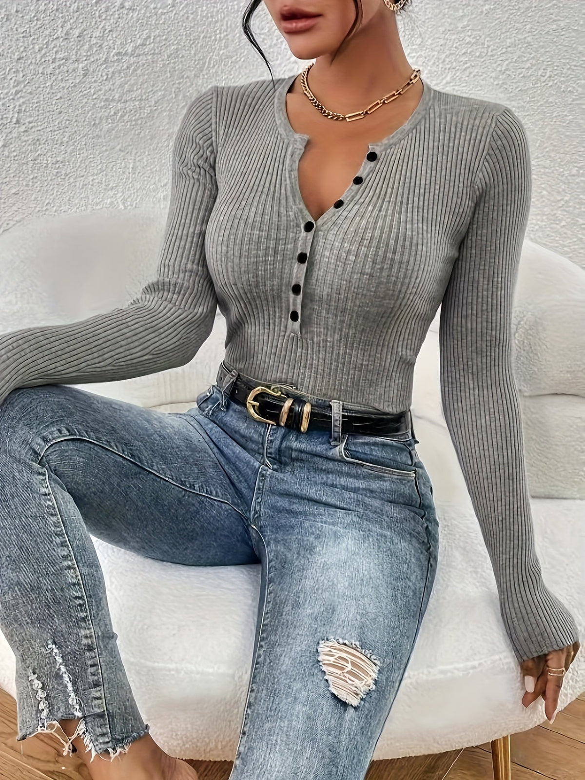 Helene | Ribbed Half-Button Top Image