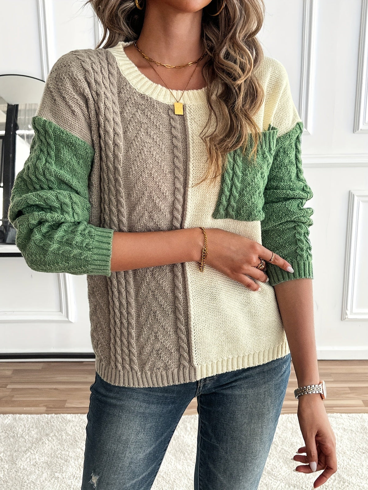 Esme | Color Block Cable Knit Sweater Image