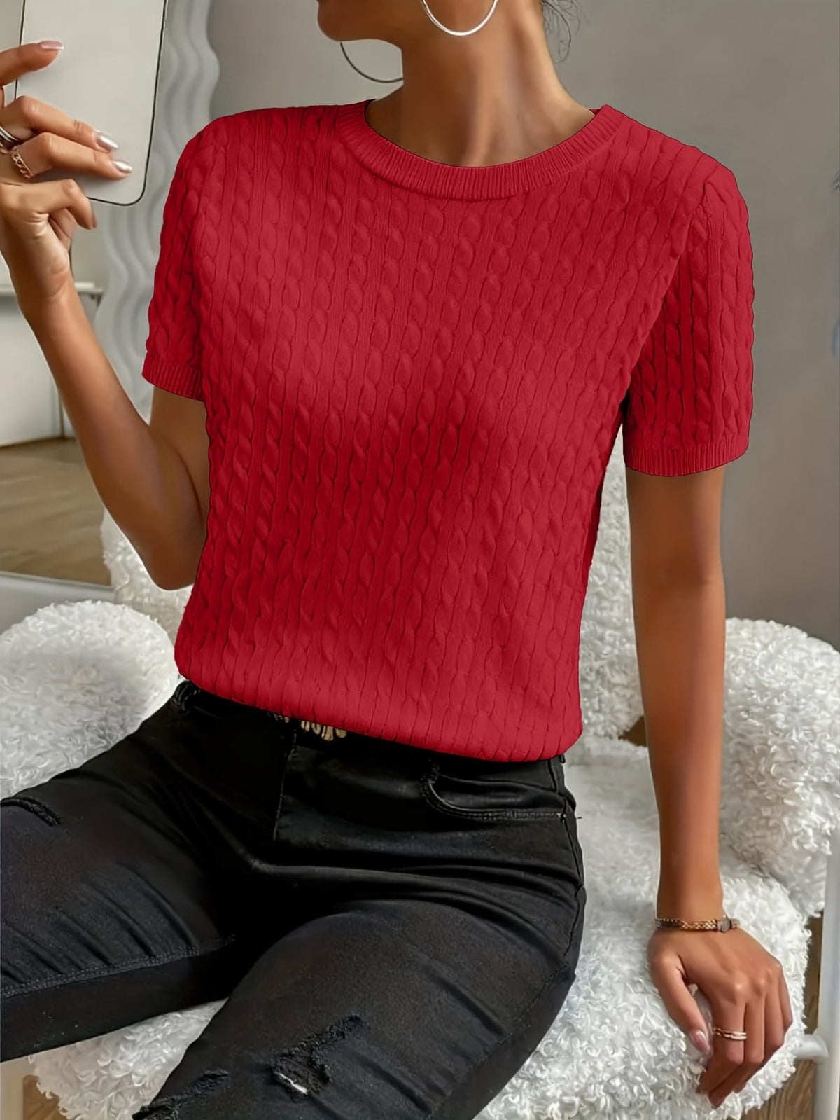 Tabitha | Textured Round Neck Short Sleeve Top Image