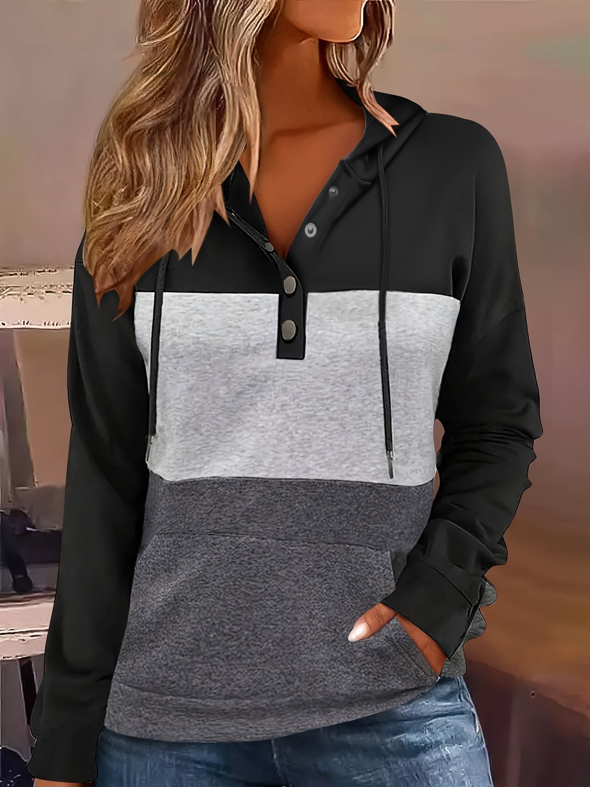 Melanie | Color Block Button-Neck Hoodie Image