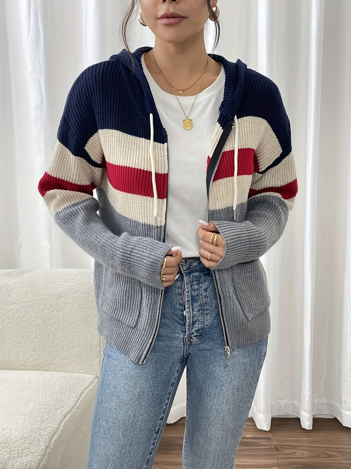 Susannah | Colour-Block Hooded Zip Cardigan Image