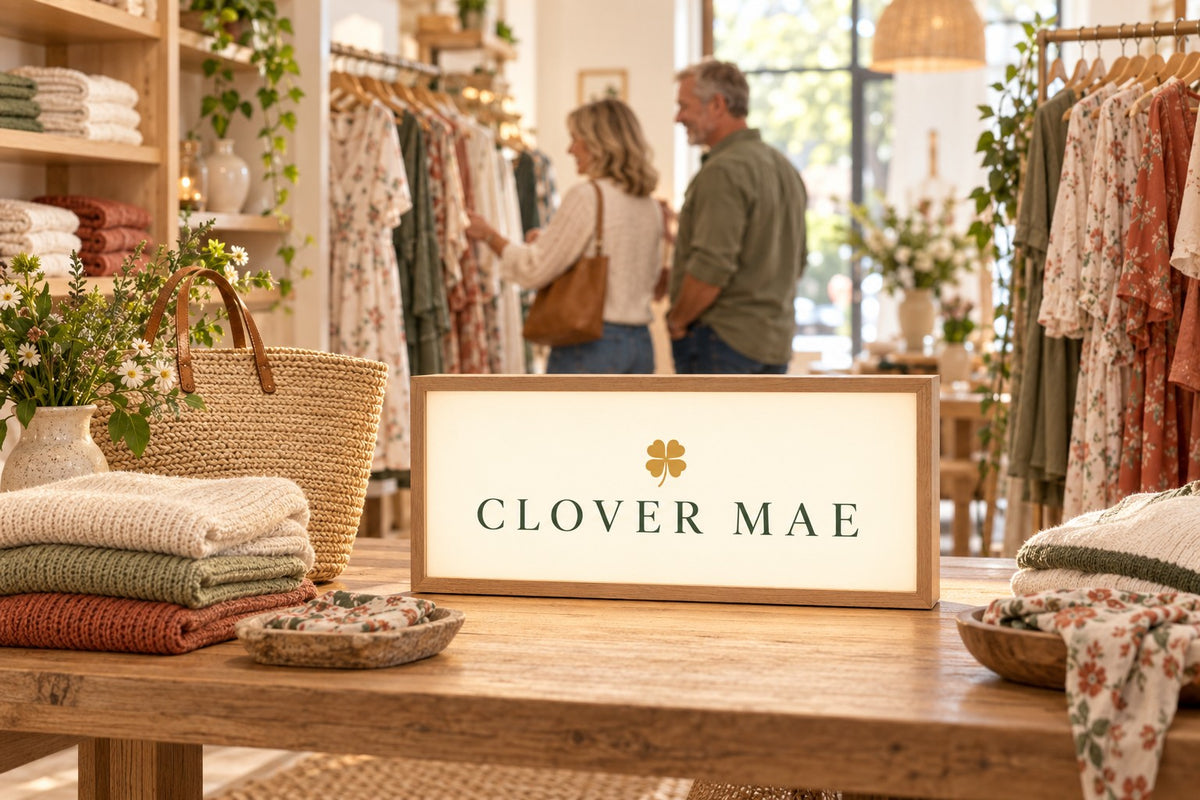Clover Mae boutique with folded sweaters and floral dresses Image