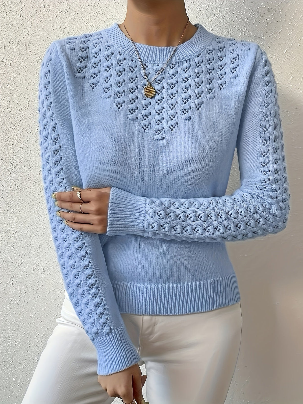 Aveline | Pointelle-Knit Round Neck Sweater Image