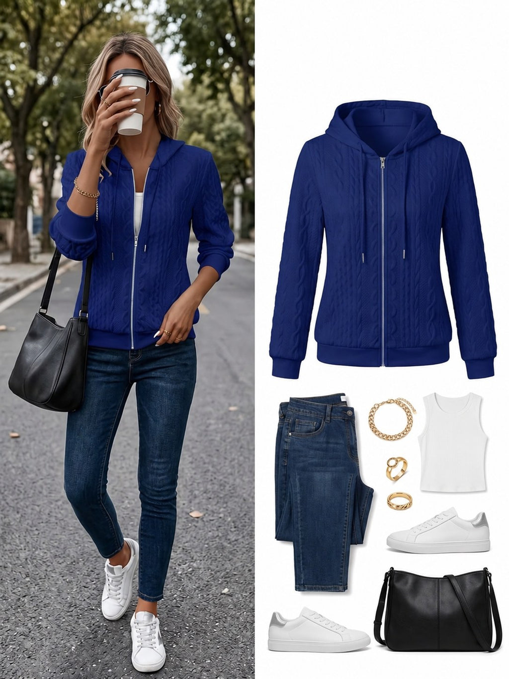 Delia | Textured Zip-Up Hooded Jacket