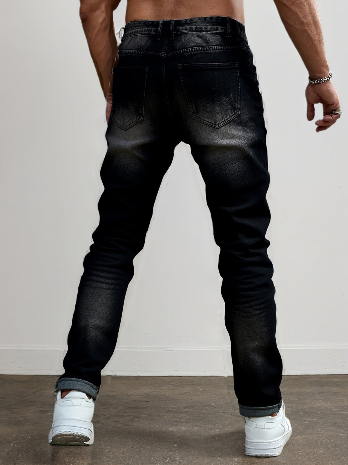 Men's Ripped Straight Leg Jeans, Washed Dark Gray