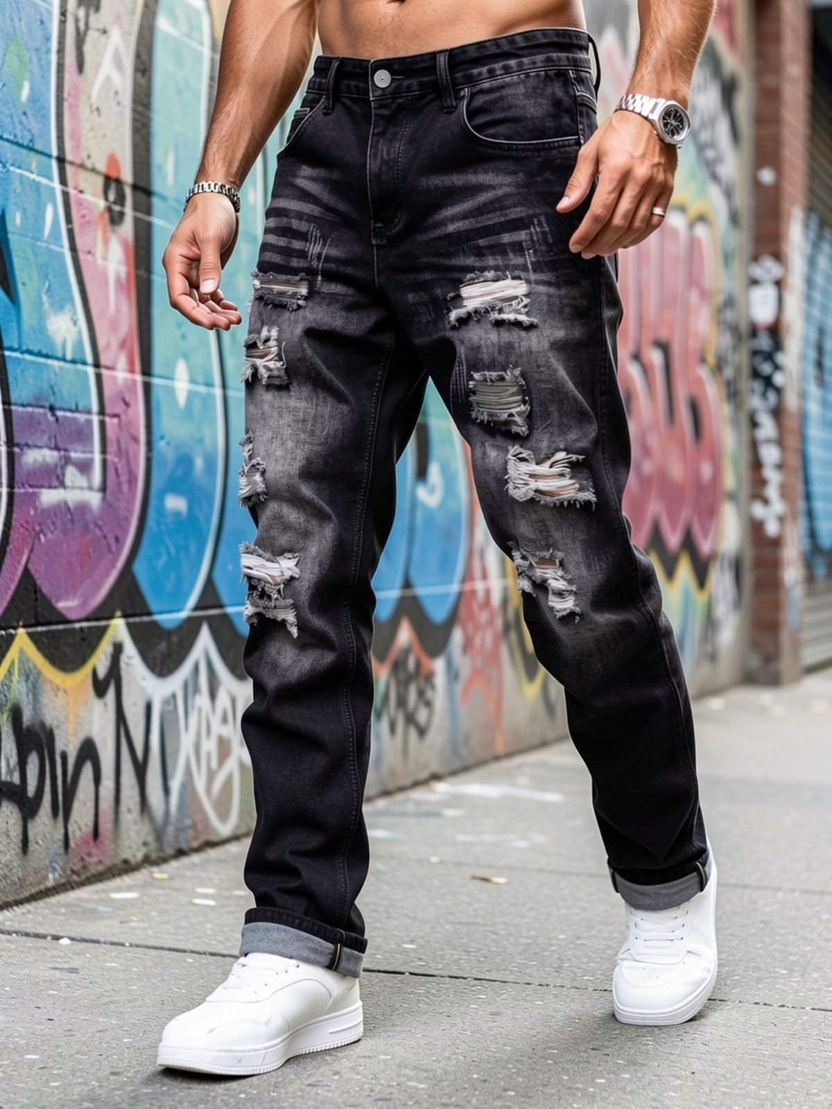 Men's Ripped Straight Leg Jeans, Washed Dark Gray