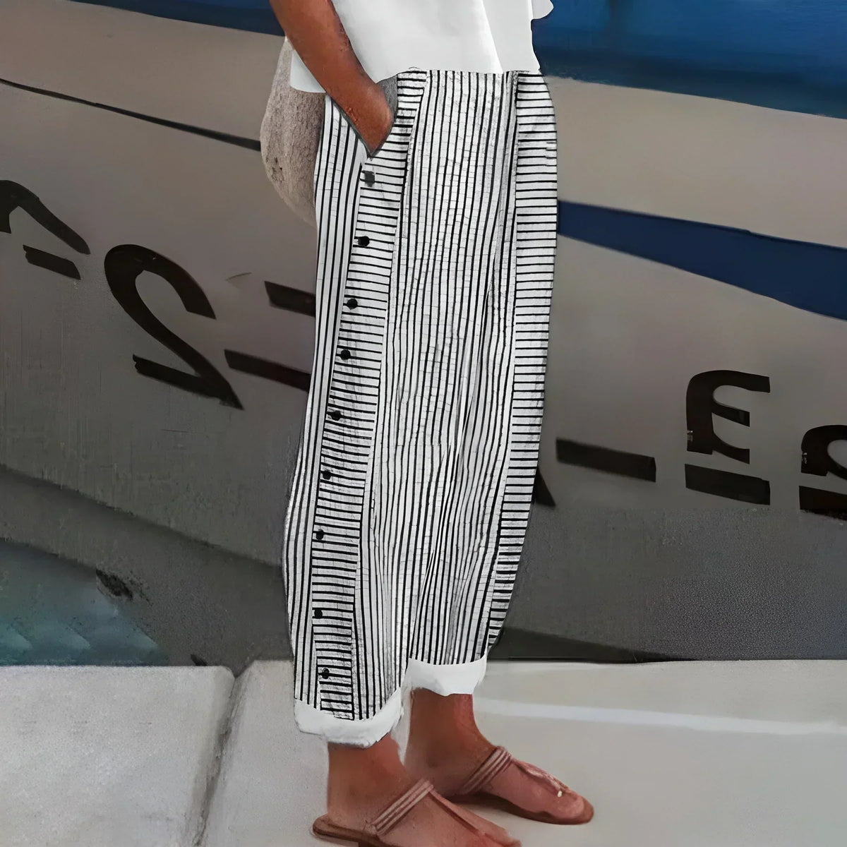 Kendall | Lightweight Stripe Buttoned Trousers Image