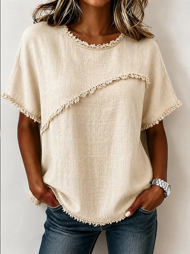 Wendy | Frayed-Trim Round Neck Top Image