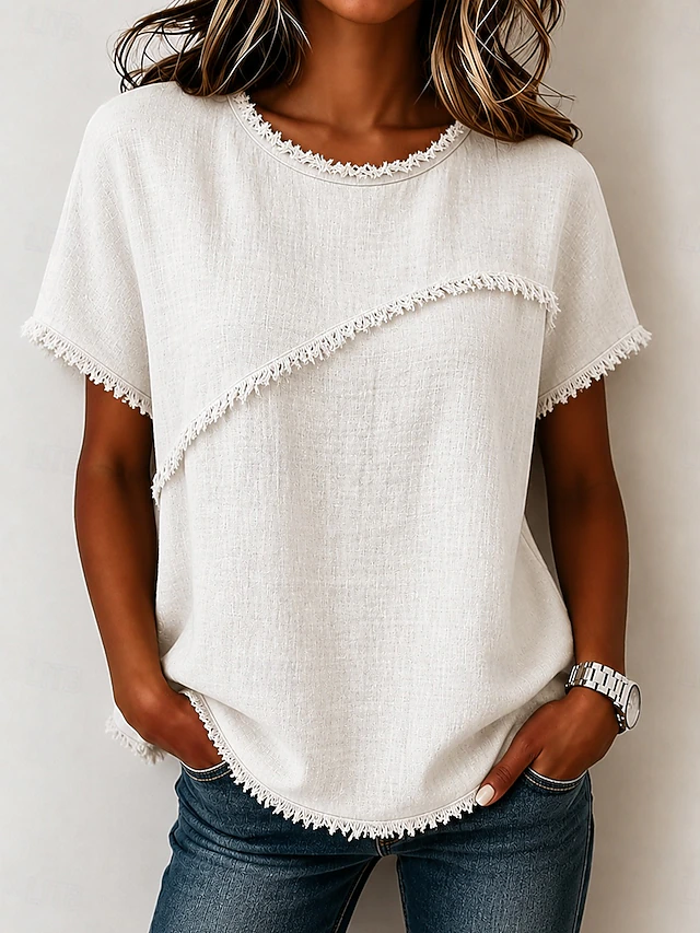 Wendy | Frayed-Trim Round Neck Top Image