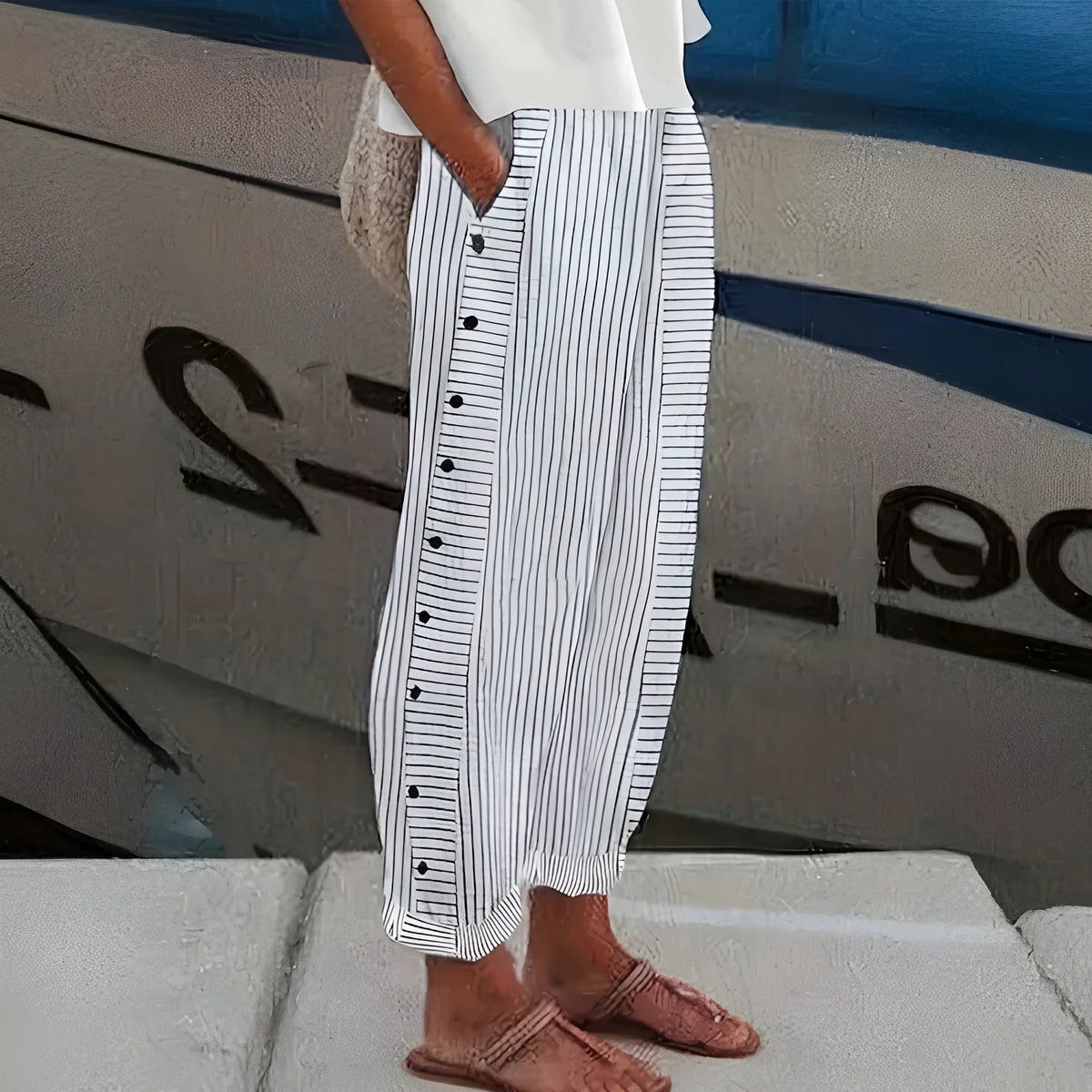 Kendall | Lightweight Stripe Buttoned Trousers Image