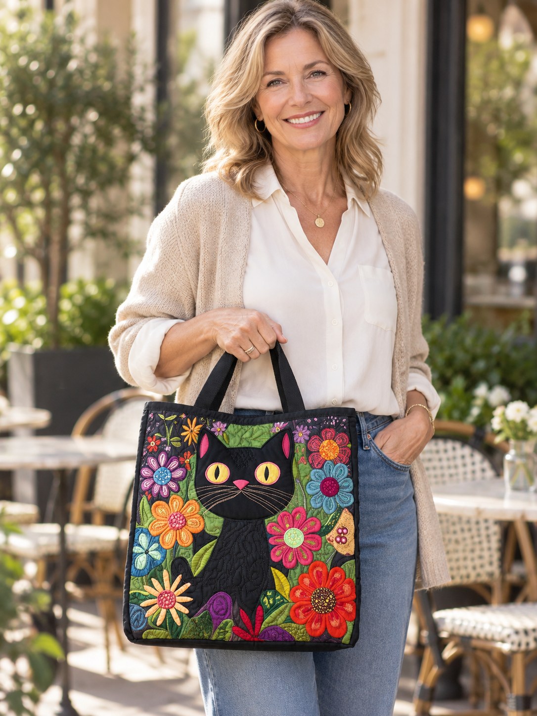 Martha | Stylish Floral Cat Art Tote Bag Image