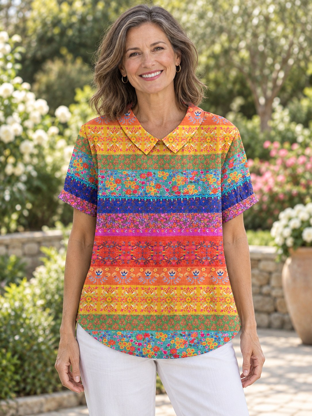 Megan | Elegant Multicolor Floral Striped Shirt