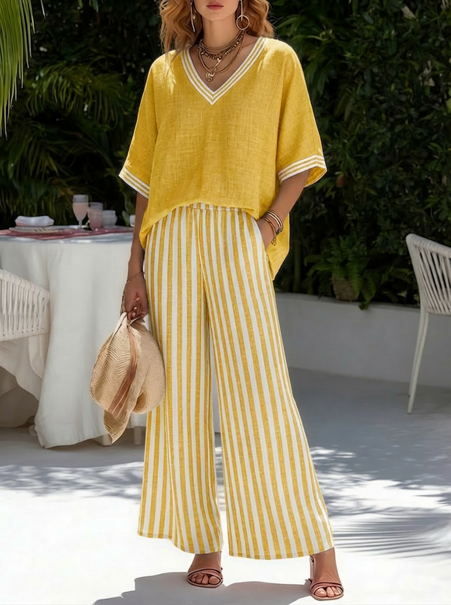 Beverly | Stylish V-Neck and Stripe Pants Set Image