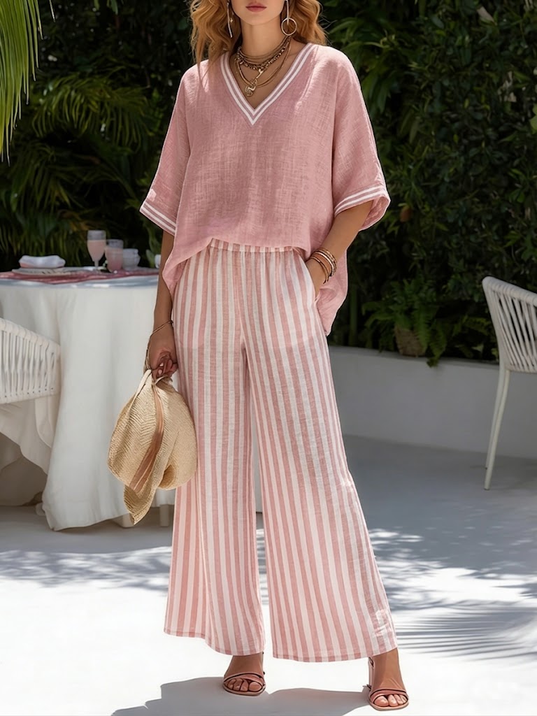 Beverly | Stylish V-Neck and Stripe Pants Set Image