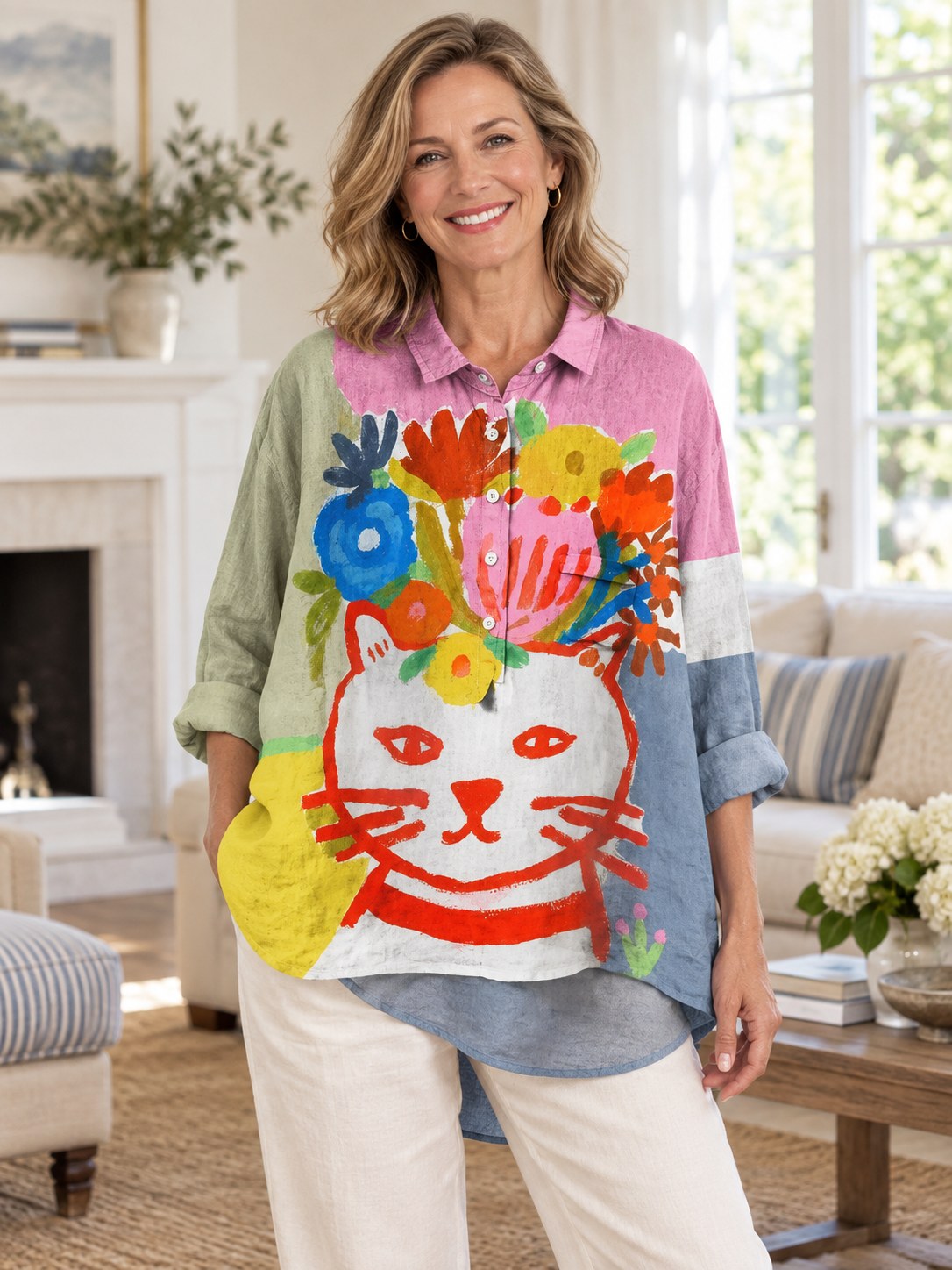 Patrice | Stylish Cat Art Floral Blouse