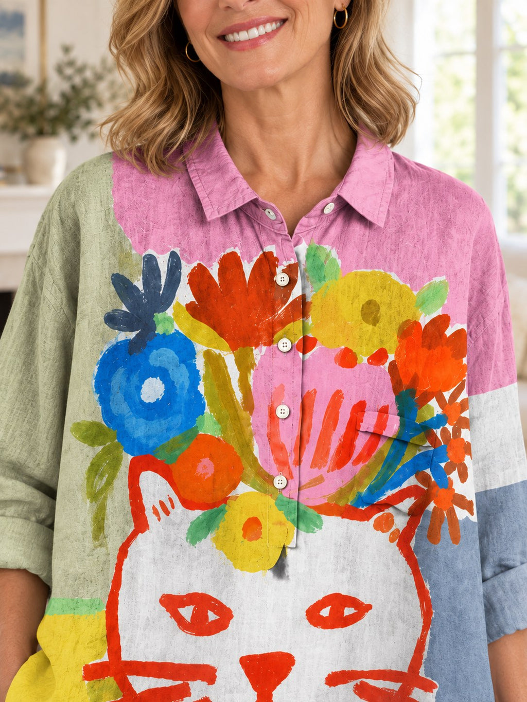 Patrice | Stylish Cat Art Floral Blouse