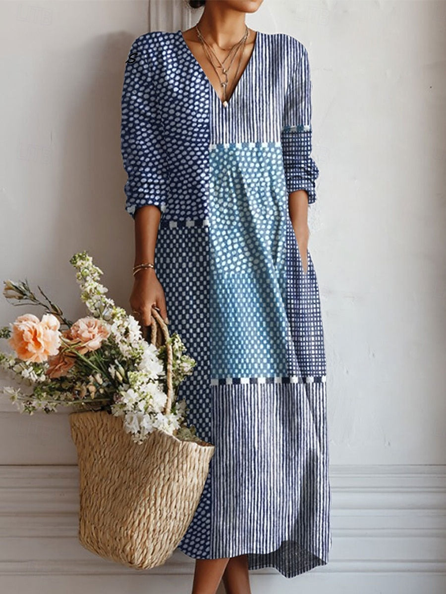 Heidi | Classic Blue Patched V-Neck Dress Image