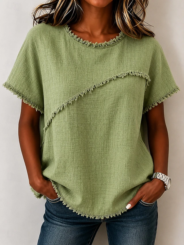 Wendy | Frayed-Trim Round Neck Top Image