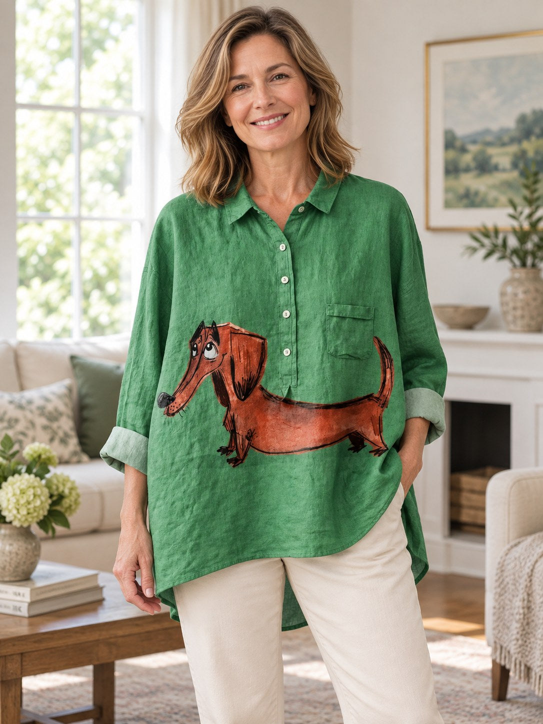 Yvonne | Classic Dog Art Button Blouse Image